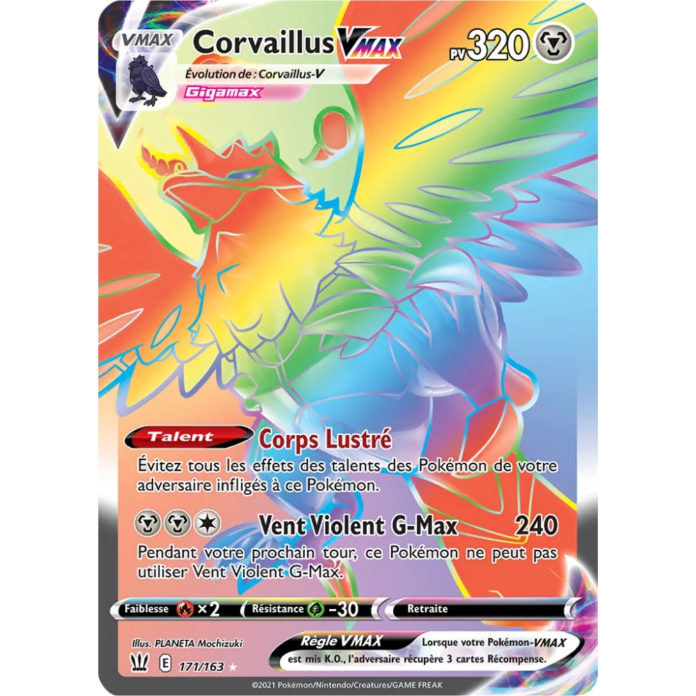 Corvaillus 171/163 : Joyau Arc-en-ciel rare de l'extension Pokémon Épée et Bouclier Styles de Combat