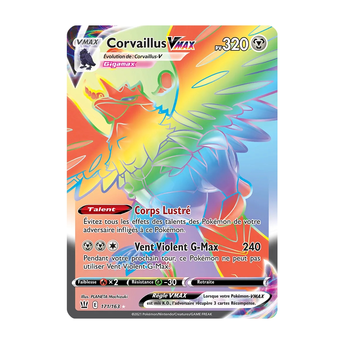 Corvaillus 171/163 : Joyau Arc-en-ciel rare de l'extension Pokémon Épée et Bouclier Styles de Combat