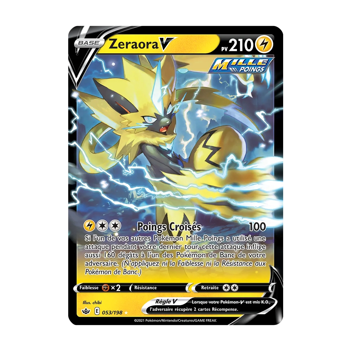 Zeraora 053/198 : Joyau Holographique rare V de l'extension Pokémon Épée et Bouclier Règne de Glace