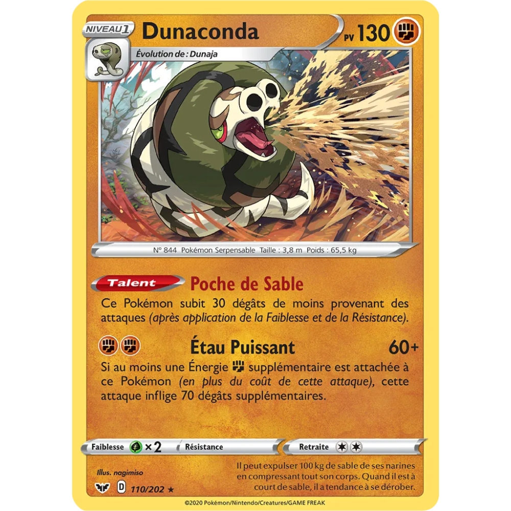 Carte Dunaconda - Holographique rare de Pokémon Épée et Bouclier 110/202