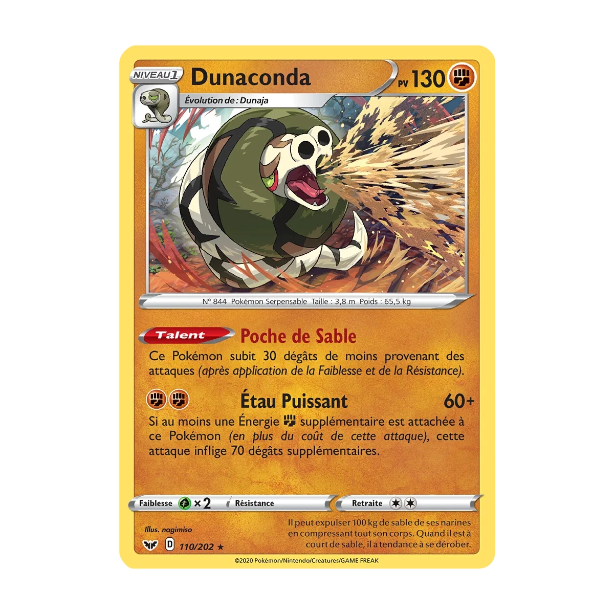 Carte Dunaconda - Holographique rare de Pokémon Épée et Bouclier 110/202