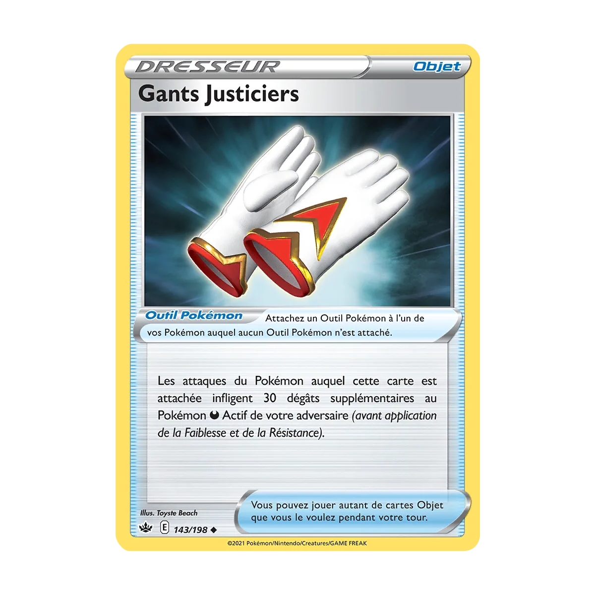 Carte Gants Justiciers - Peu commune (Brillante) de Pokémon Épée et Bouclier Règne de Glace 143/198