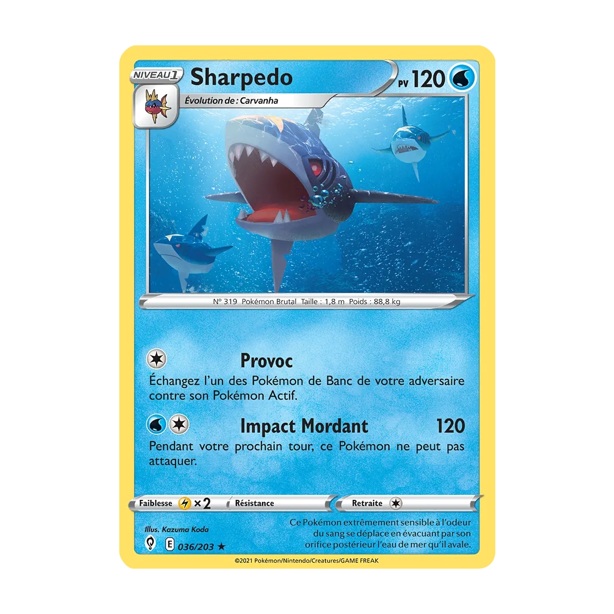 Carte Sharpedo - Rare (Brillante) de Pokémon Épée et Bouclier Évolution Céleste 036/203