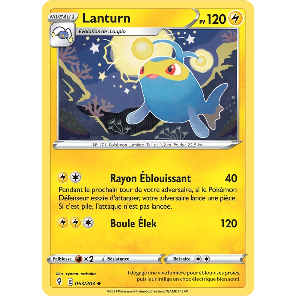 Lanturn 053/203 : Joyau Peu commune (Brillante) de l'extension Pokémon Épée et Bouclier Évolution Céleste