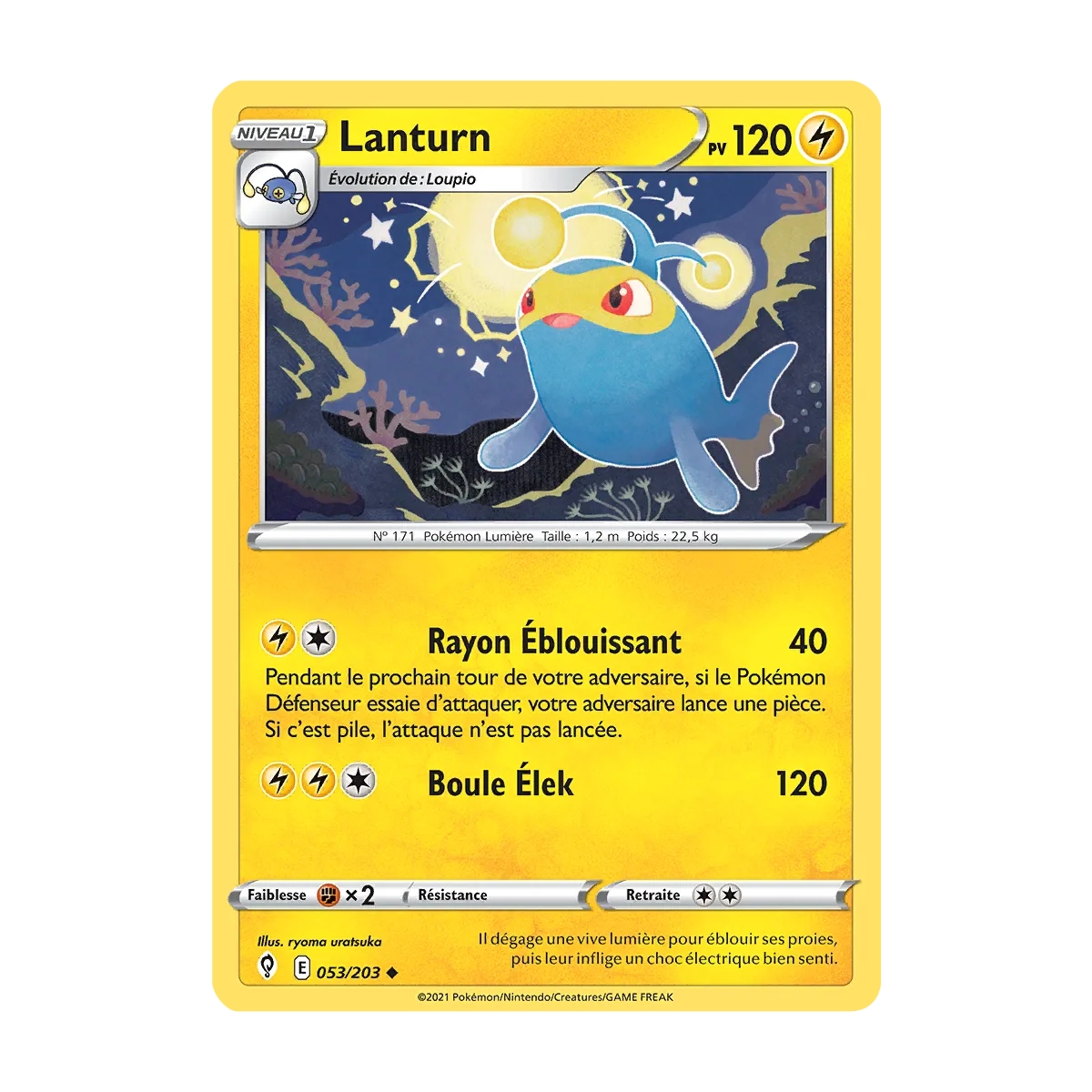 Lanturn 053/203 : Joyau Peu commune (Brillante) de l'extension Pokémon Épée et Bouclier Évolution Céleste