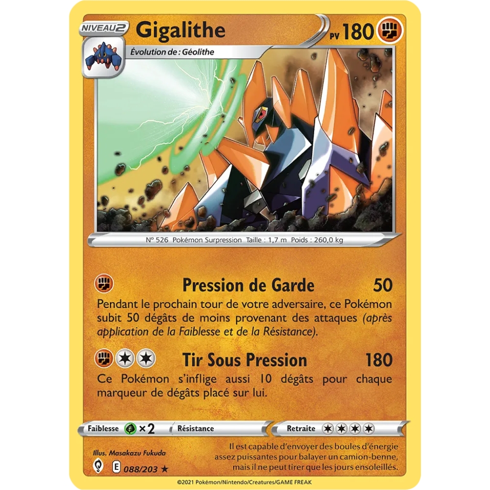 Gigalithe 088/203 : Joyau Rare (Brillante) de l'extension Pokémon Épée et Bouclier Évolution Céleste