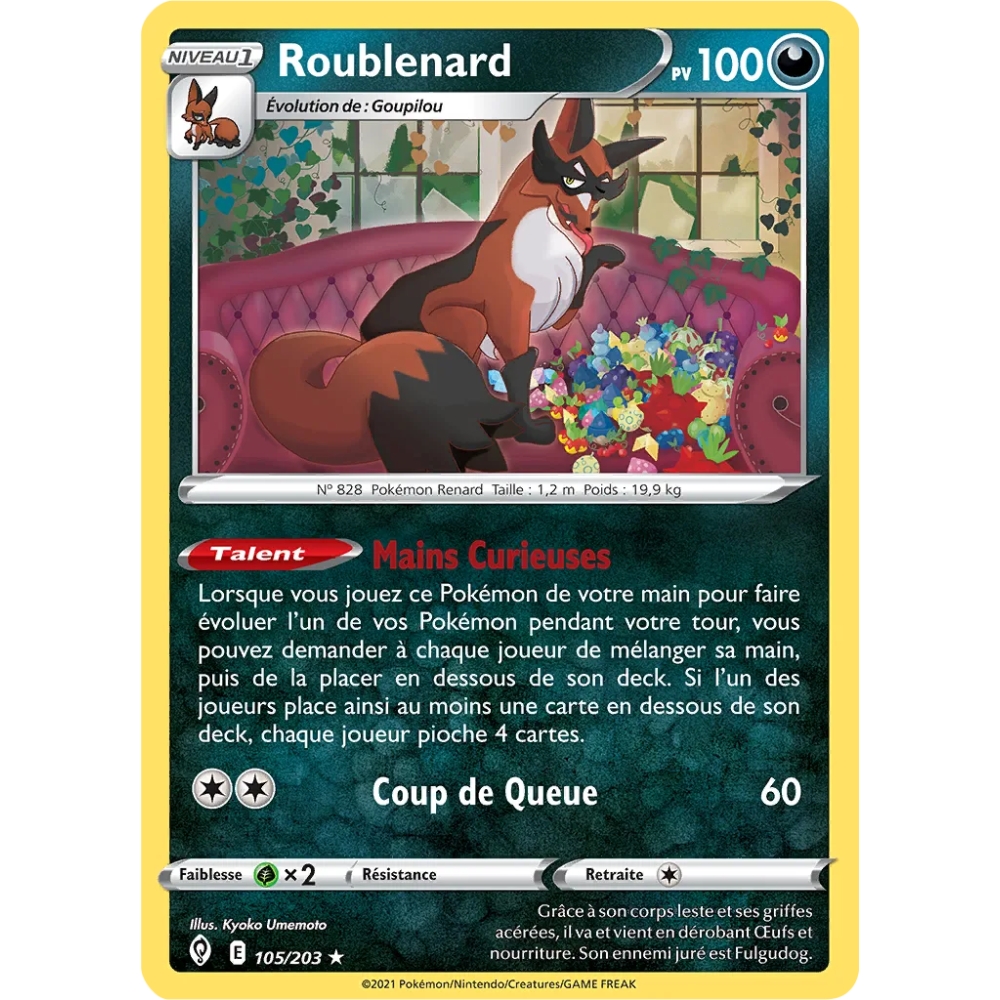 Carte Roublenard - Rare (Brillante) de Pokémon Épée et Bouclier Évolution Céleste 105/203