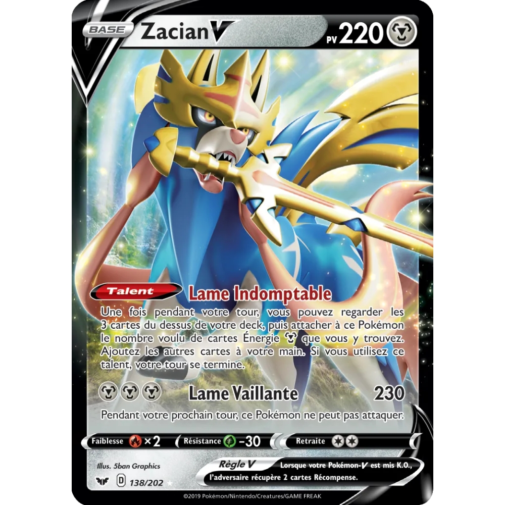 Découvrez Zacian, carte Holographique rare V de la série Épée et Bouclier