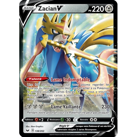 Découvrez Zacian, carte Holographique rare V de la série Épée et Bouclier