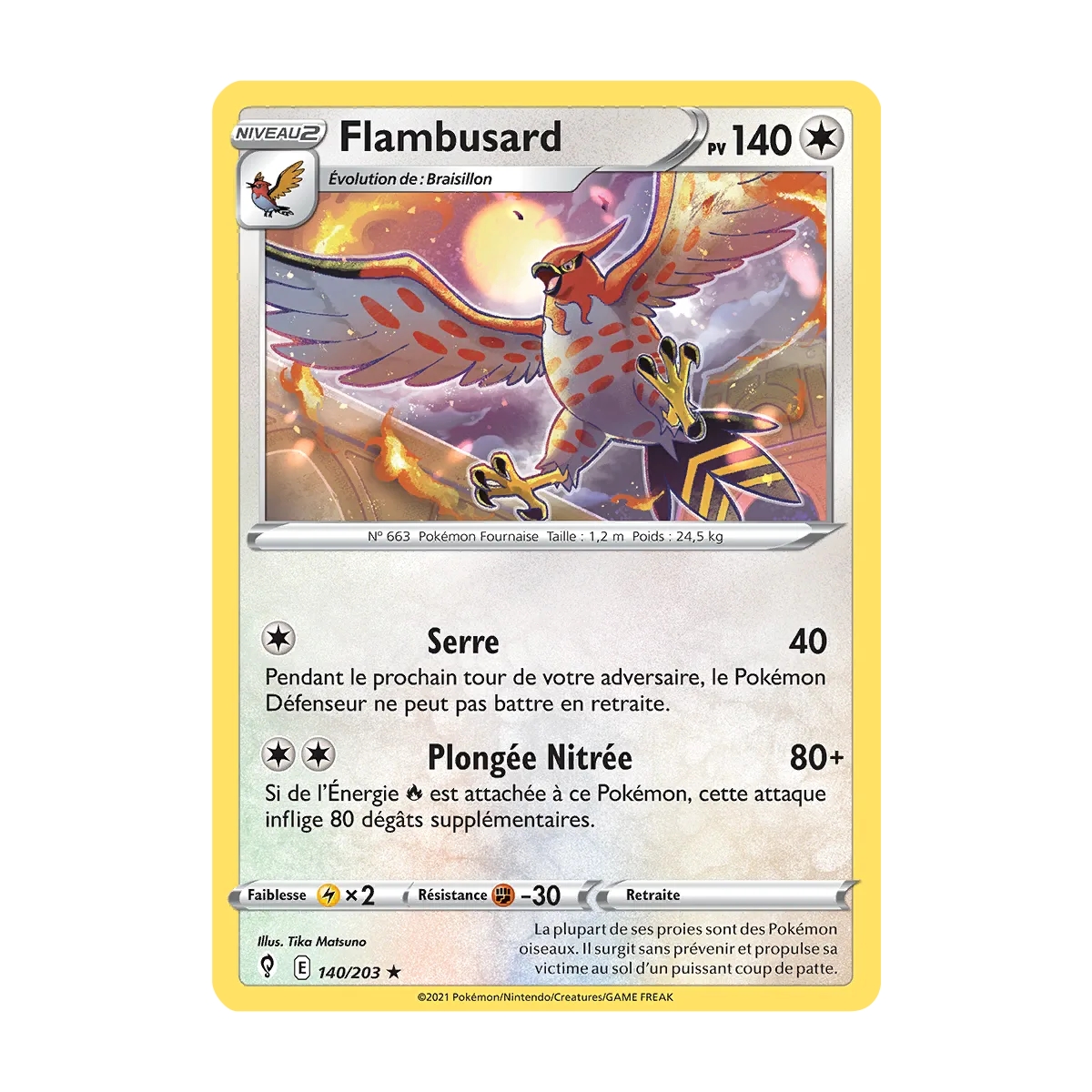 Flambusard 140/203 : Joyau Rare (Brillante) de l'extension Pokémon Épée et Bouclier Évolution Céleste