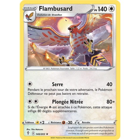 Flambusard 140/203 : Joyau Rare (Brillante) de l'extension Pokémon Épée et Bouclier Évolution Céleste