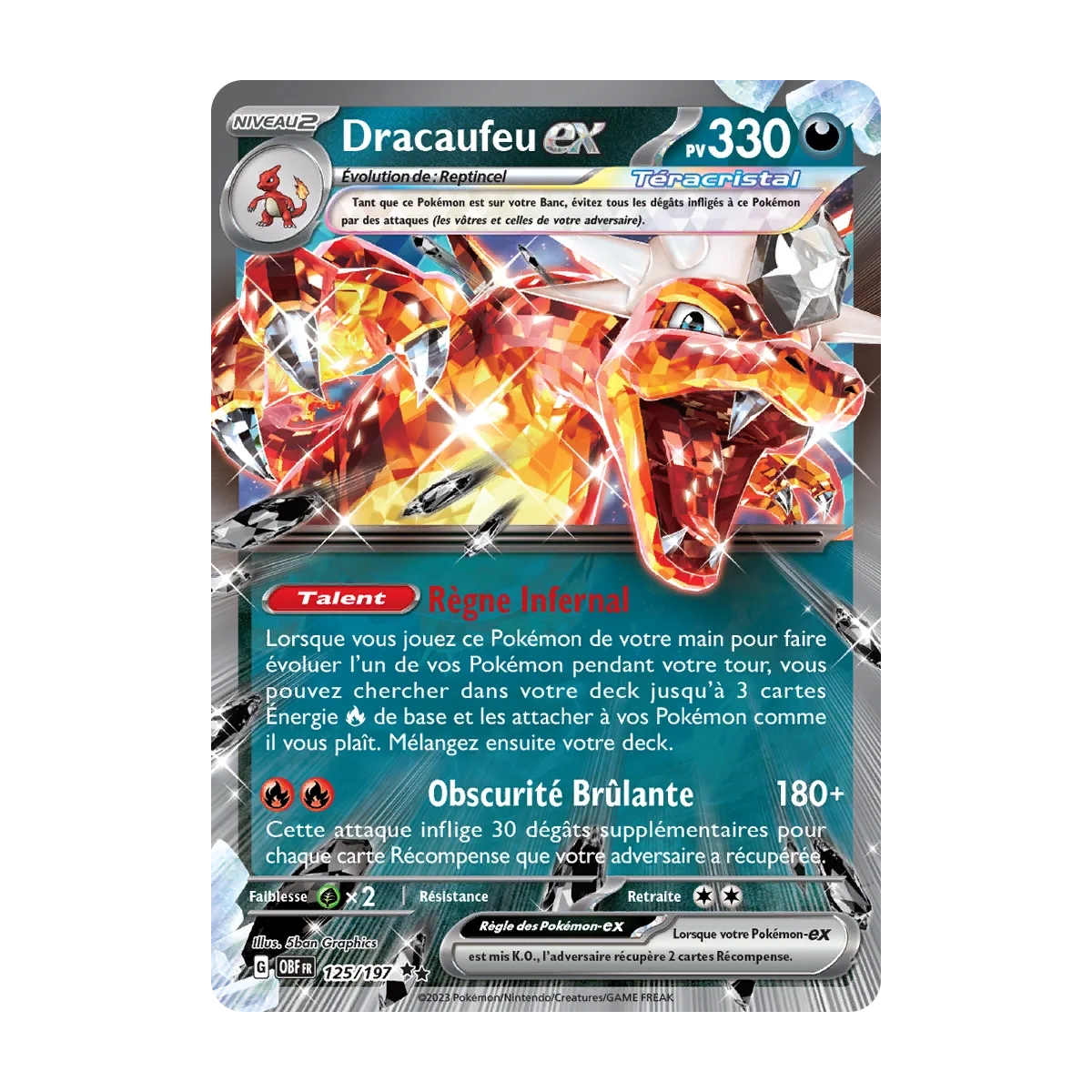 Dracaufeu 125/197 : Joyau Double rare de l'extension Pokémon Écarlate et Violet Flammes Obsidiennes