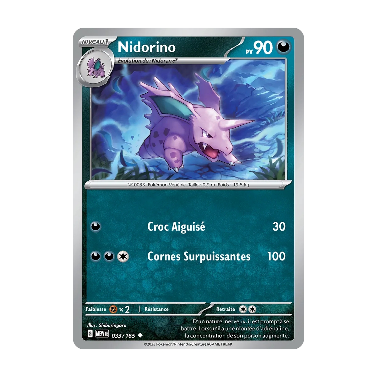 Découvrez Nidorino, carte Peu commune (Brillante) de la série Écarlate et Violet 151