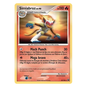 Carte Simiabraz - Rare (Brillante) de Pokémon Diamant &amp; Perle Aube Majestueuse 22/100