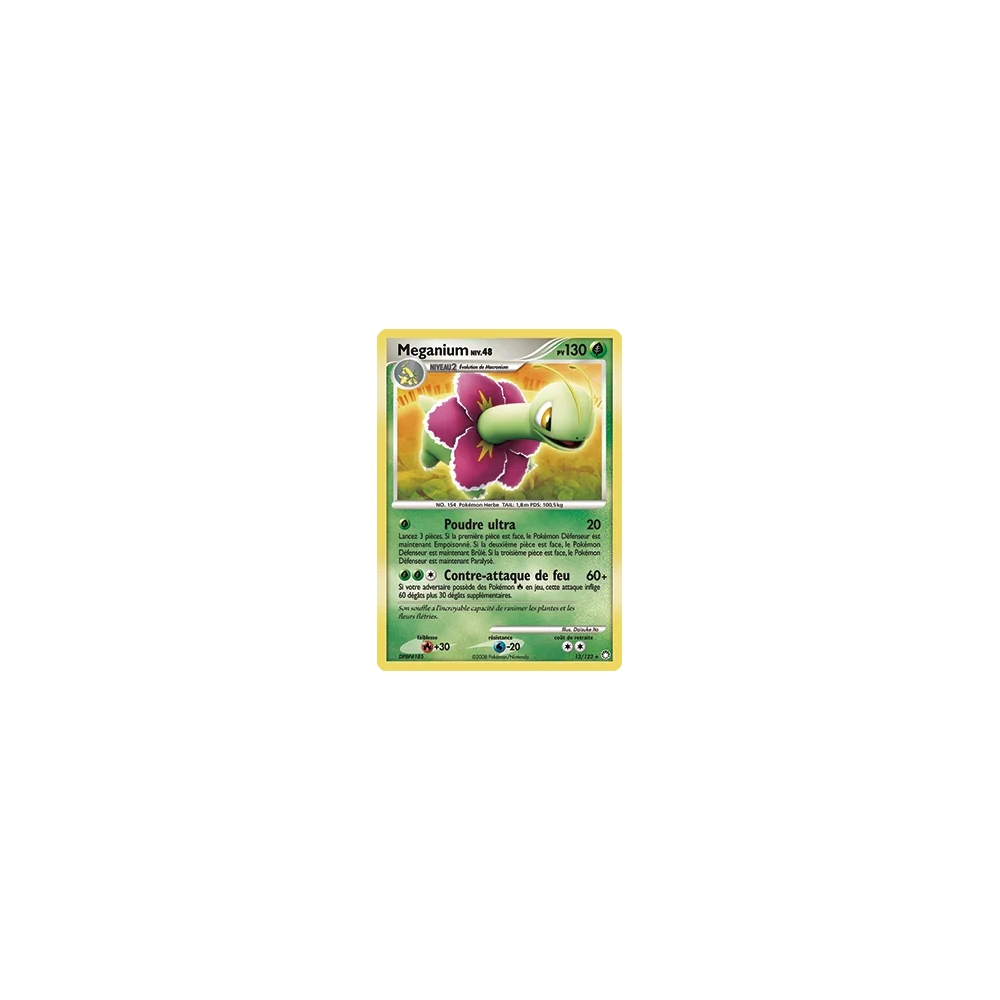 Découvrez Meganium, carte Holographique rare de la série Diamant & Perle Trésors Mystérieux