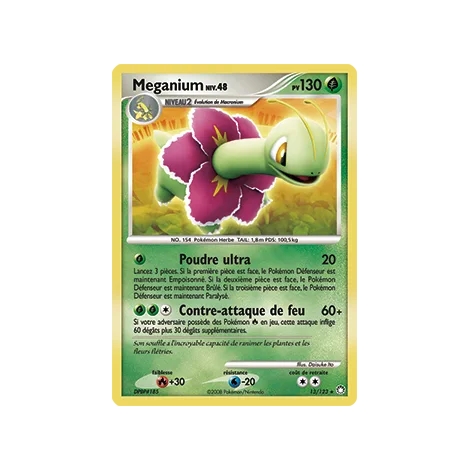 Découvrez Meganium, carte Holographique rare de la série Diamant & Perle Trésors Mystérieux