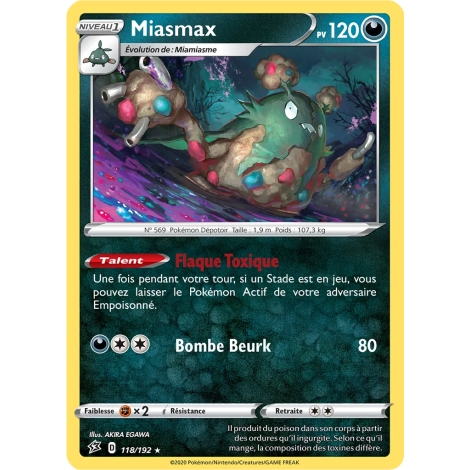 Carte Miasmax - Rare (Brillante) de Pokémon Épée et Bouclier Clash des Rebelles 118/192