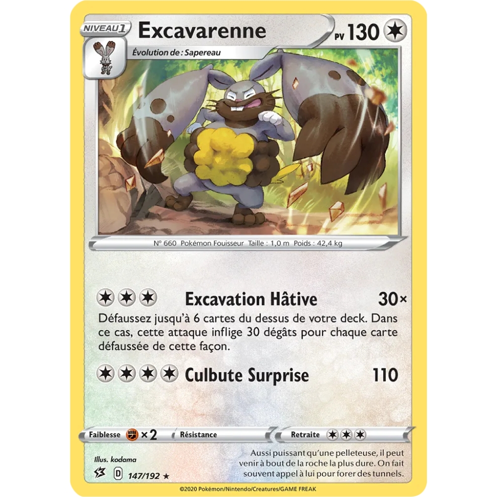 Carte Excavarenne - Rare (Brillante) de Pokémon Épée et Bouclier Clash des Rebelles 147/192