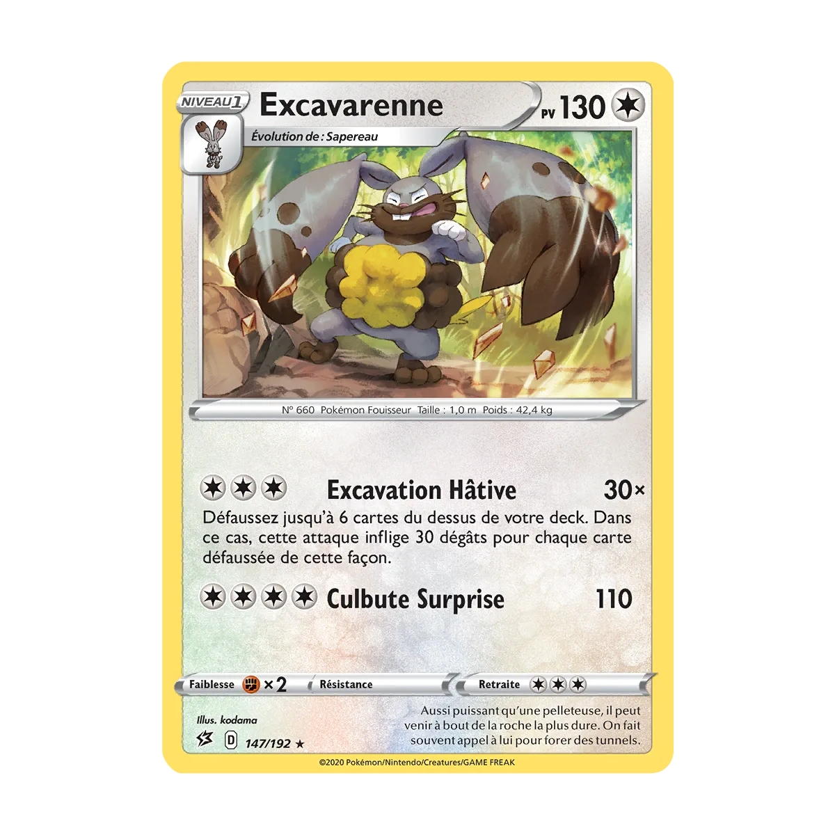 Carte Excavarenne - Rare (Brillante) de Pokémon Épée et Bouclier Clash des Rebelles 147/192