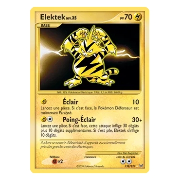 Carte Elektek - Holographique rare NIV.X de Pokémon Platine 128/127