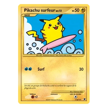 Carte Pikachu surfeur - Holographique rare de Pokémon Platine Rivaux Émergeants 114/111