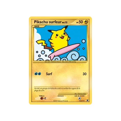 Carte Pikachu surfeur - Holographique rare de Pokémon Platine Rivaux Émergeants 114/111