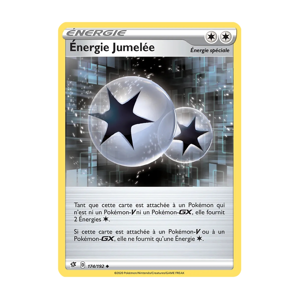 Découvrez Énergie Jumelée, carte Peu commune (Brillante) de la série Épée et Bouclier Clash des Rebelles