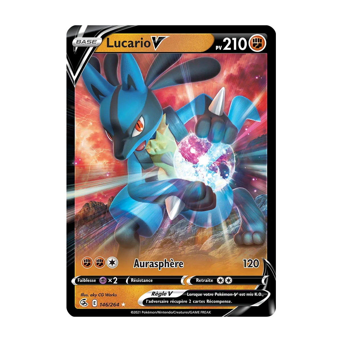 Découvrez Lucario, carte Holographique rare V de la série Poing de Fusion