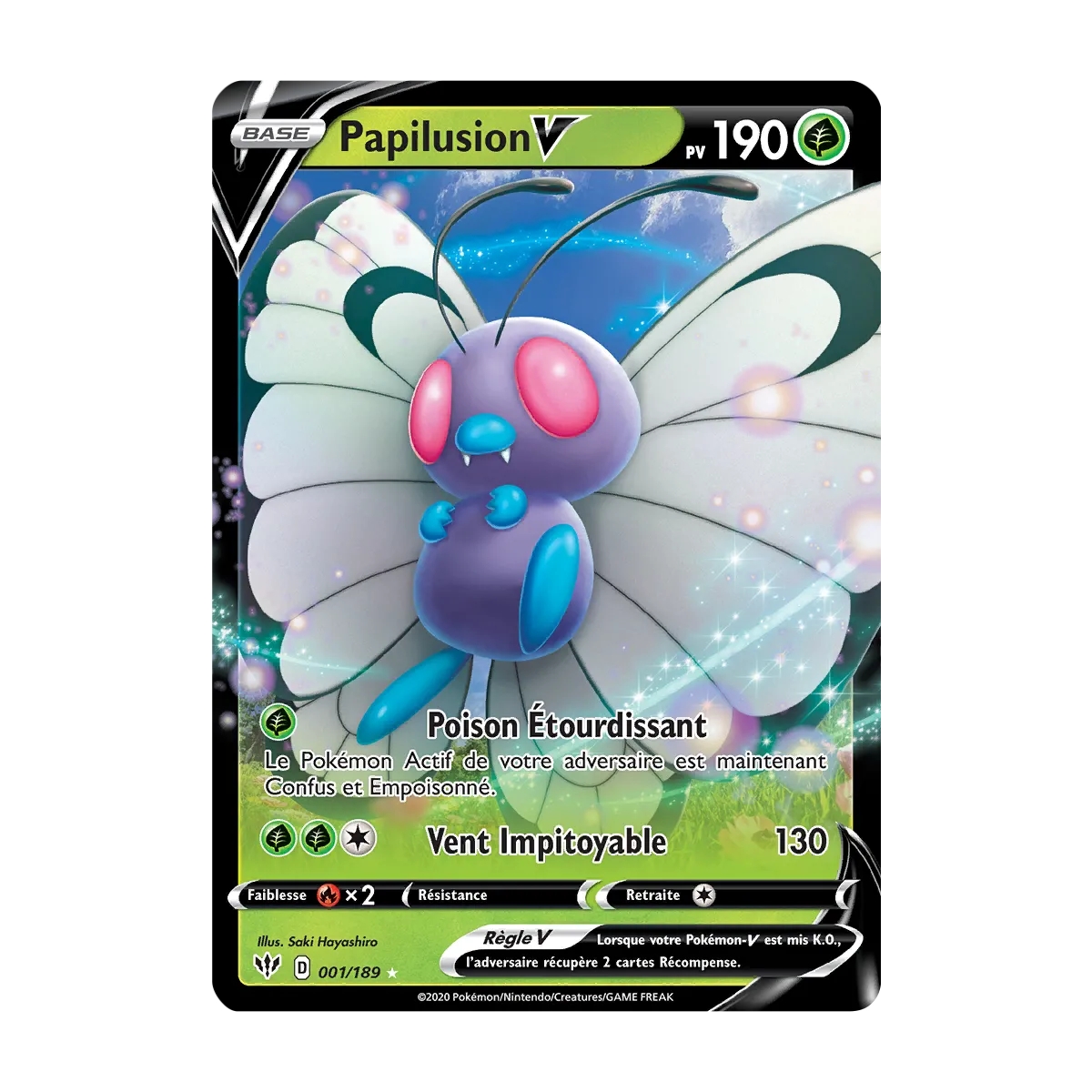 Papilusion 001/189 : Joyau Holographique rare V de l'extension Pokémon Épée et Bouclier Ténèbres Embrasées