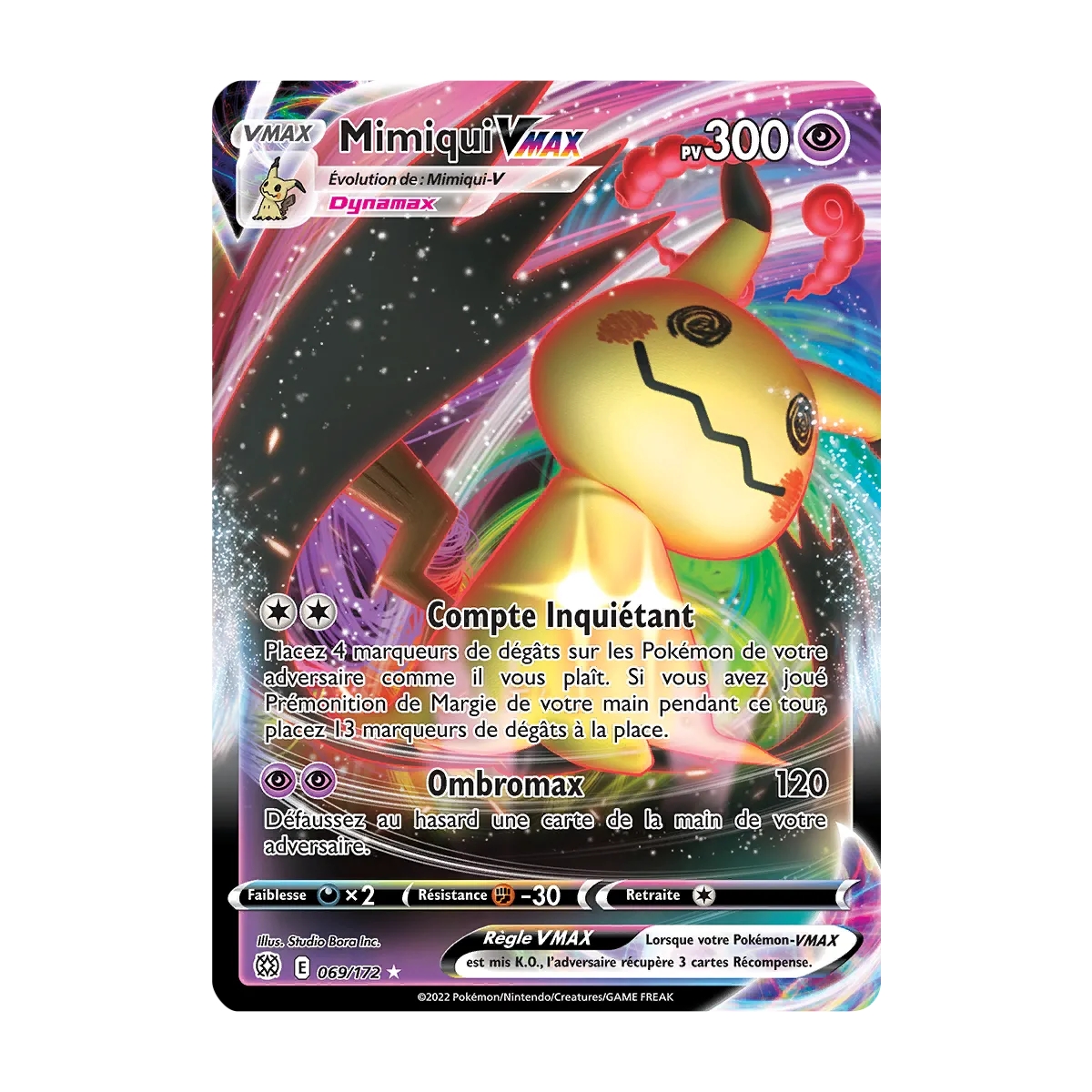 Carte Mimiqui - Holographique rare VMAX de Pokémon Stars Étincelantes 069/172