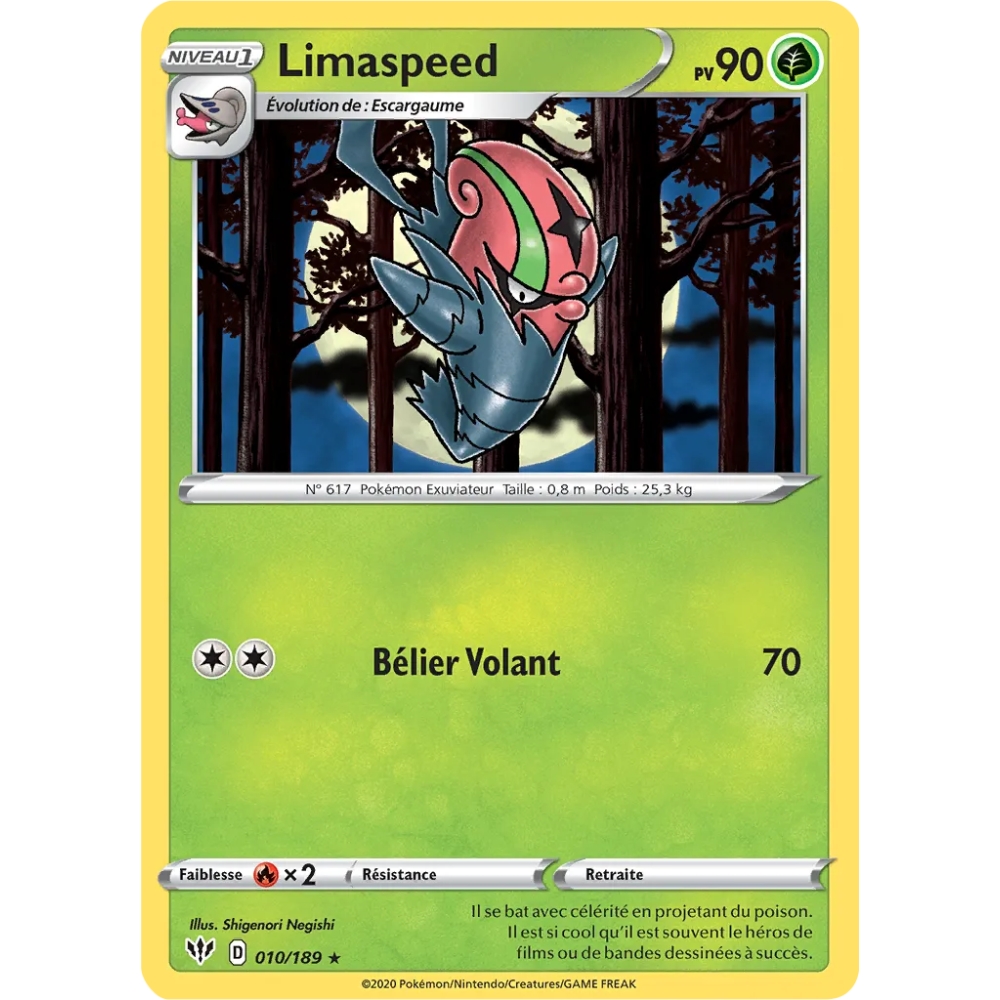 Limaspeed 010/189 : Joyau Rare (Brillante) de l'extension Pokémon Épée et Bouclier Ténèbres Embrasées