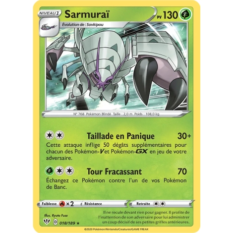 Carte Sarmuraï - Holographique rare de Pokémon Épée et Bouclier Ténèbres Embrasées 018/189