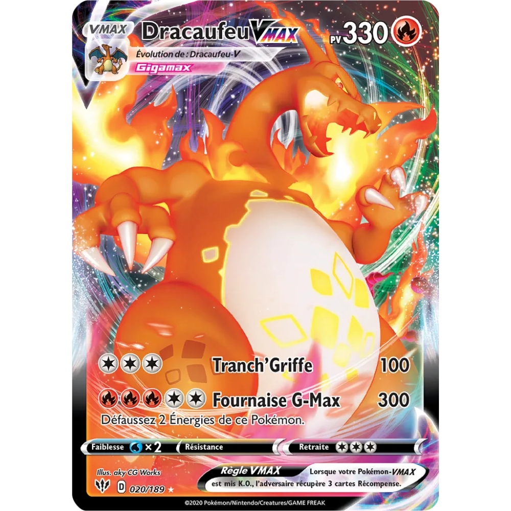 Carte Dracaufeu - Holographique rare VMAX de Pokémon Épée et Bouclier Ténèbres Embrasées 020/189