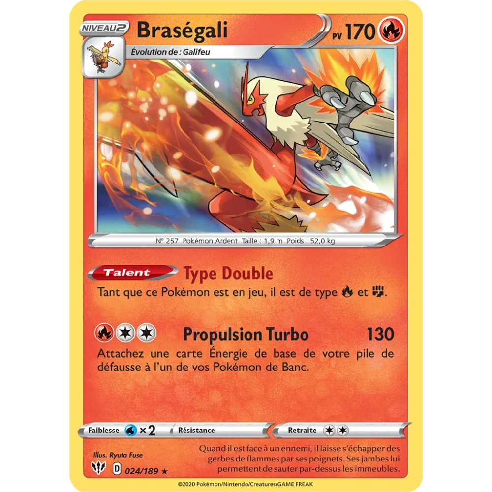 Braségali 024/189 : Joyau Holographique rare de l'extension Pokémon Épée et Bouclier Ténèbres Embrasées