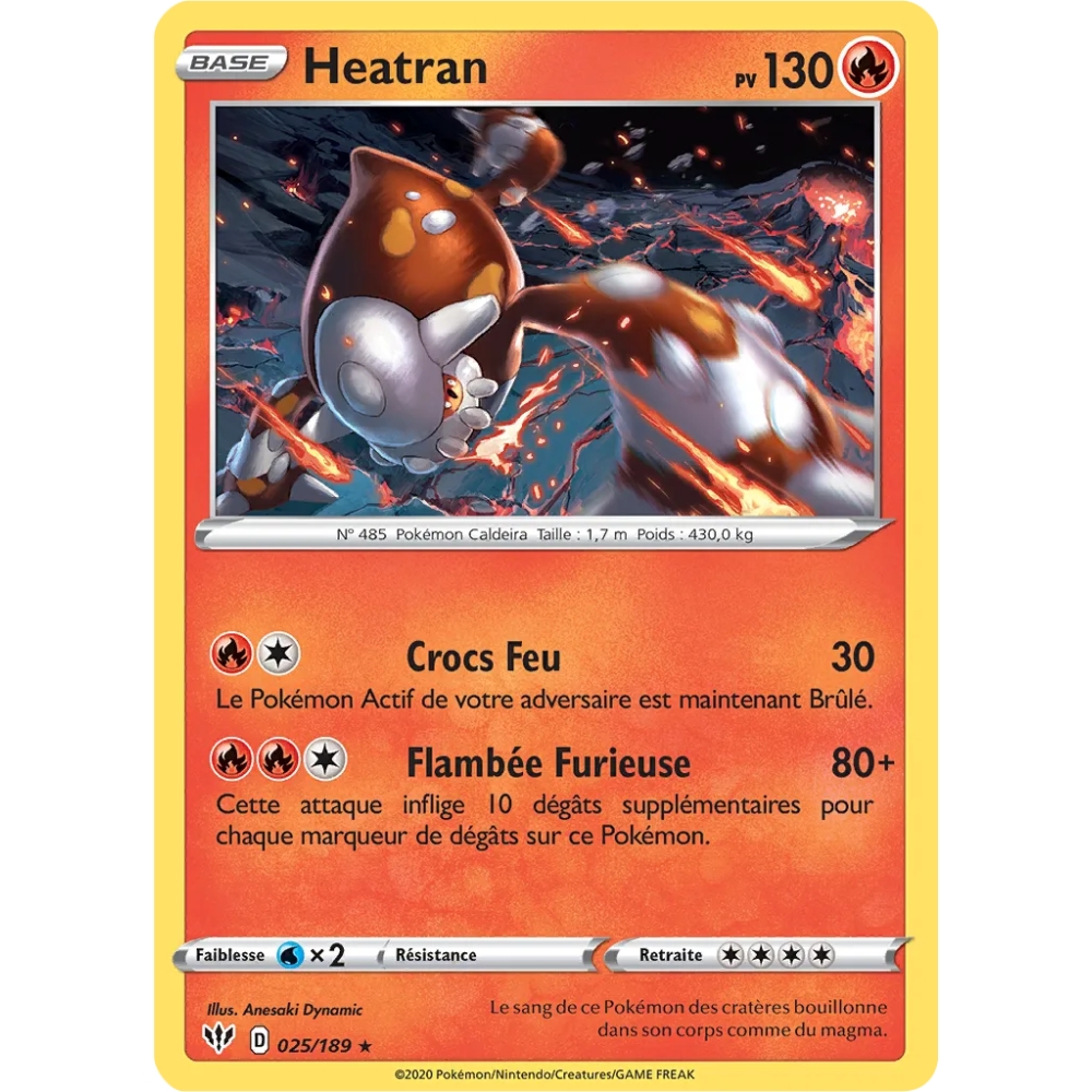 Carte Heatran - Holographique rare de Pokémon Épée et Bouclier Ténèbres Embrasées 025/189