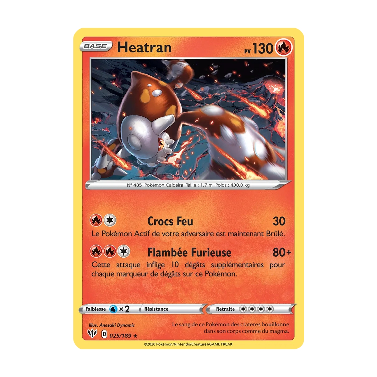 Carte Heatran - Holographique rare de Pokémon Épée et Bouclier Ténèbres Embrasées 025/189