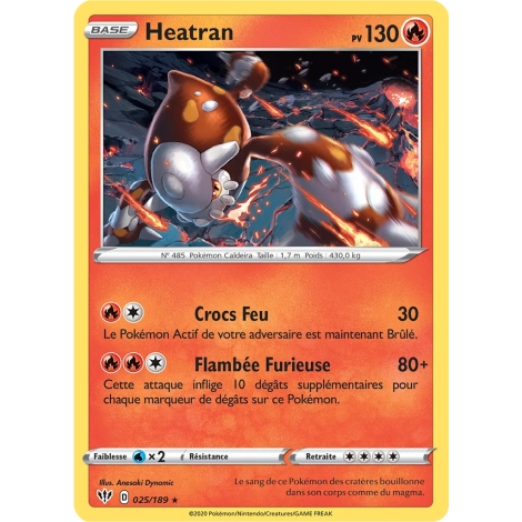 Carte Heatran - Holographique rare de Pokémon Épée et Bouclier Ténèbres Embrasées 025/189