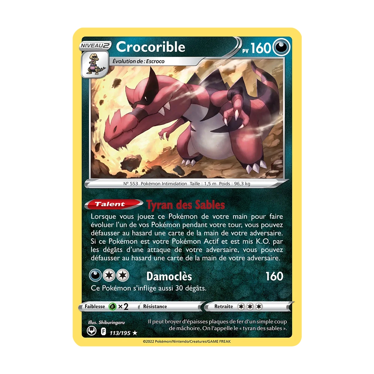 Crocorible - Holographique rare de Pokémon Tempête Argentée 113/195