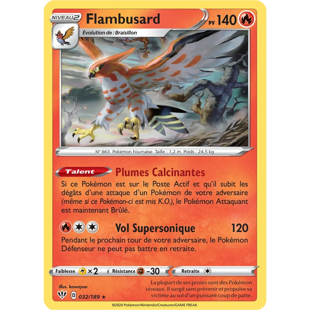 Flambusard 032/189 : Joyau Rare (Brillante) de l'extension Pokémon Épée et Bouclier Ténèbres Embrasées