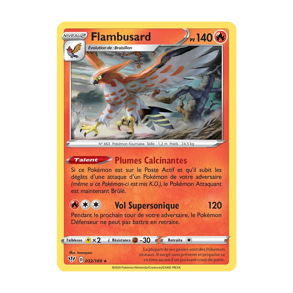 Flambusard 032/189 : Joyau Rare (Brillante) de l'extension Pokémon Épée et Bouclier Ténèbres Embrasées