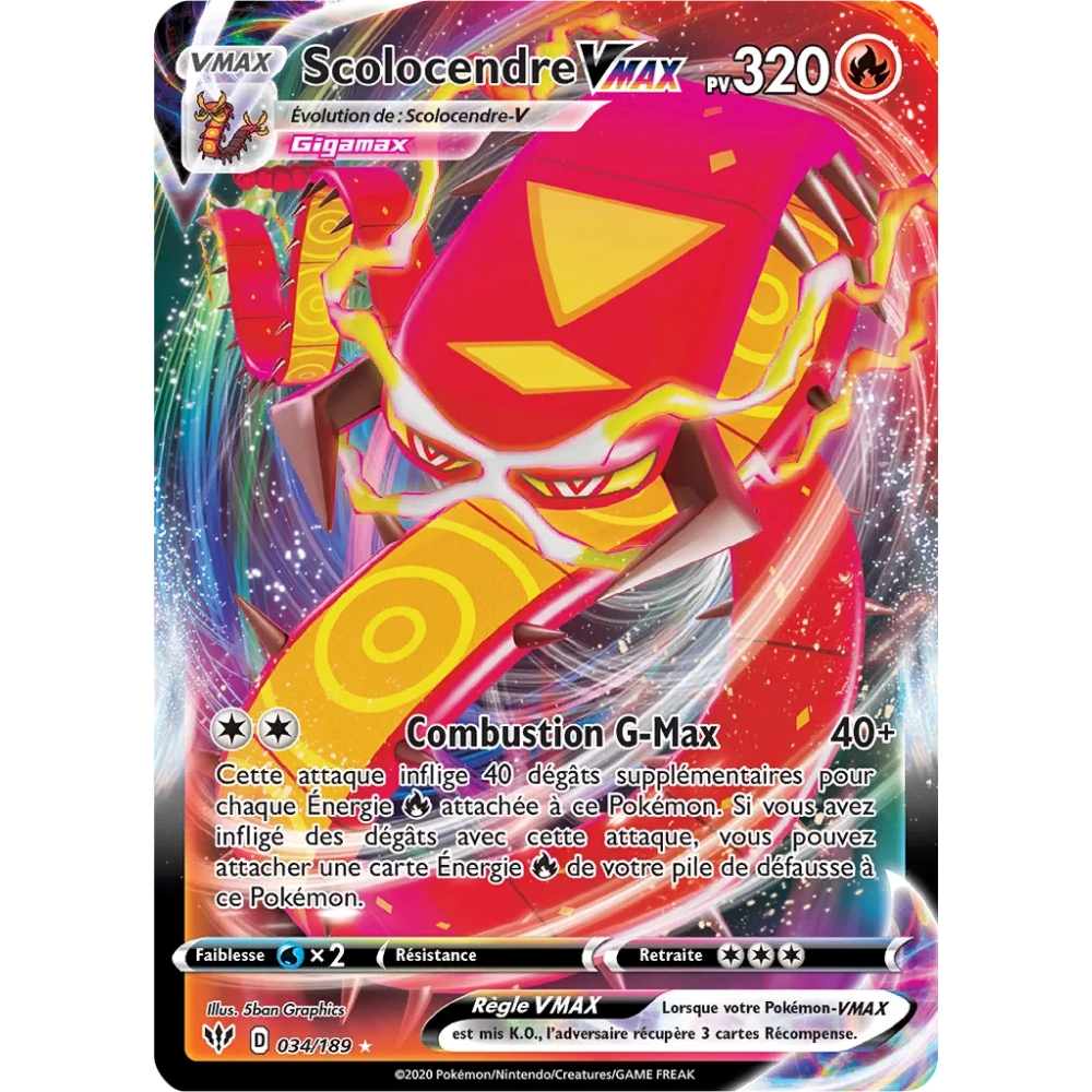 Scolocendre 034/189 : Joyau Holographique rare VMAX de l'extension Pokémon Épée et Bouclier Ténèbres Embrasées