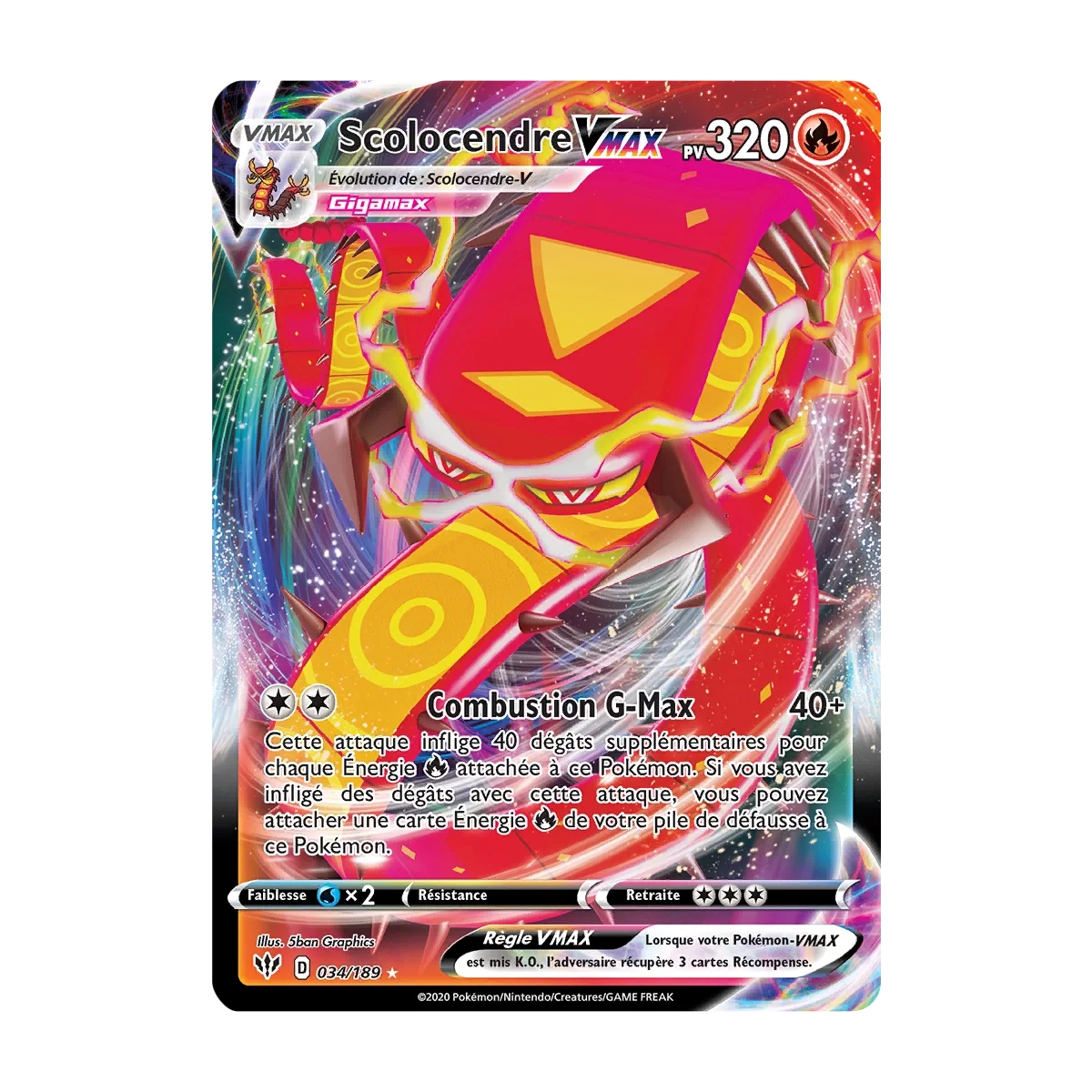 Scolocendre 034/189 : Joyau Holographique rare VMAX de l'extension Pokémon Épée et Bouclier Ténèbres Embrasées