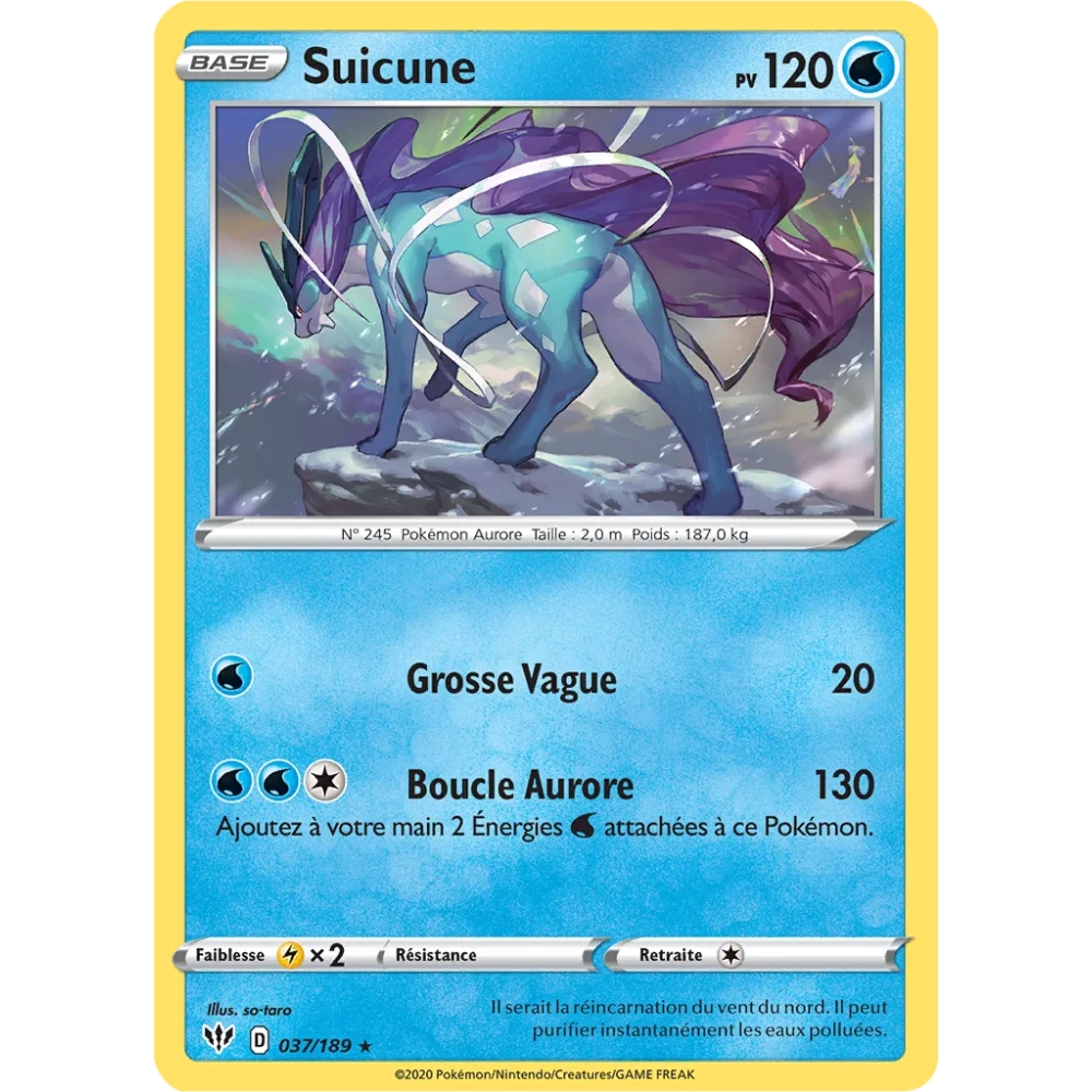 Carte Suicune - Holographique rare de Pokémon Épée et Bouclier Ténèbres Embrasées 037/189