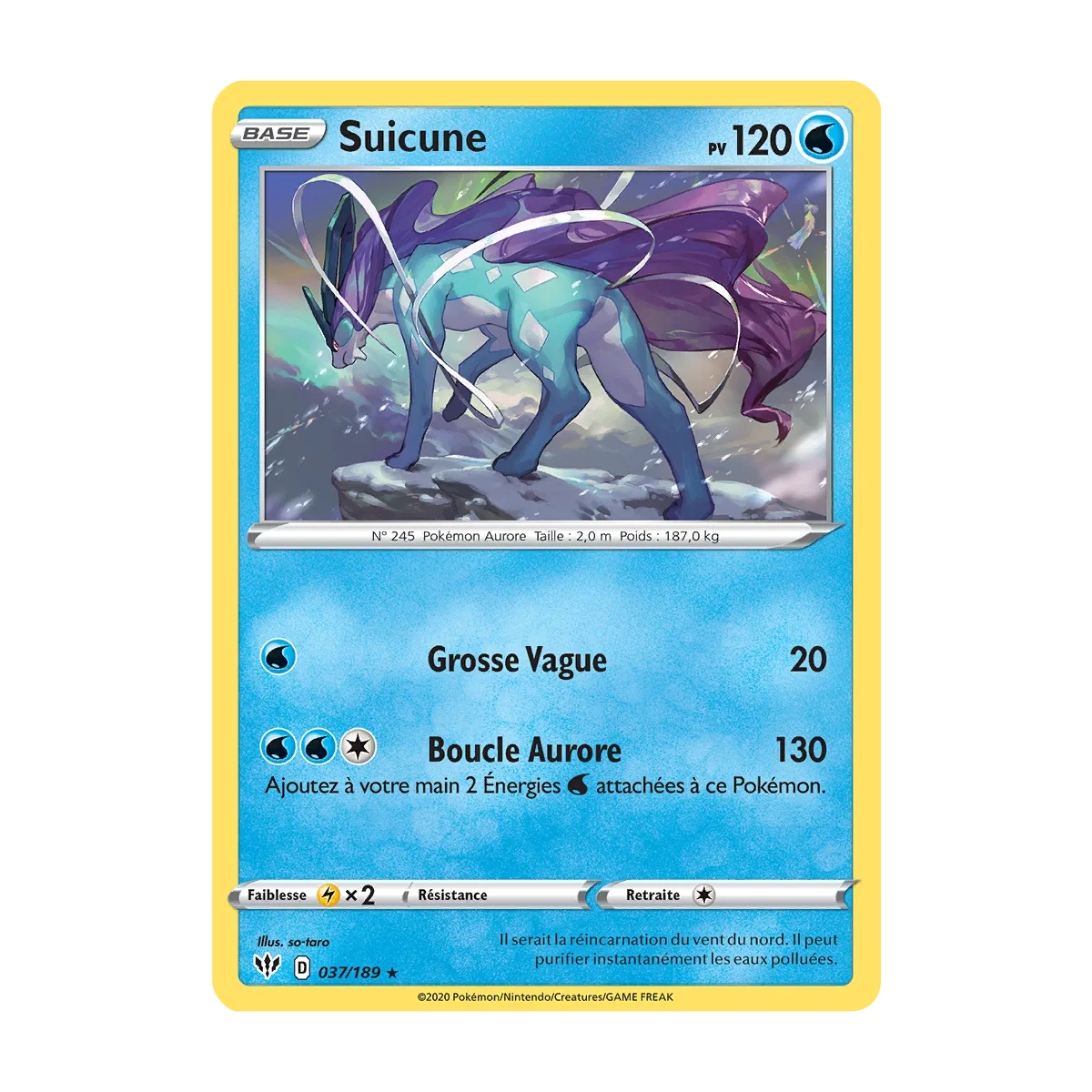 Carte Suicune - Holographique rare de Pokémon Épée et Bouclier Ténèbres Embrasées 037/189