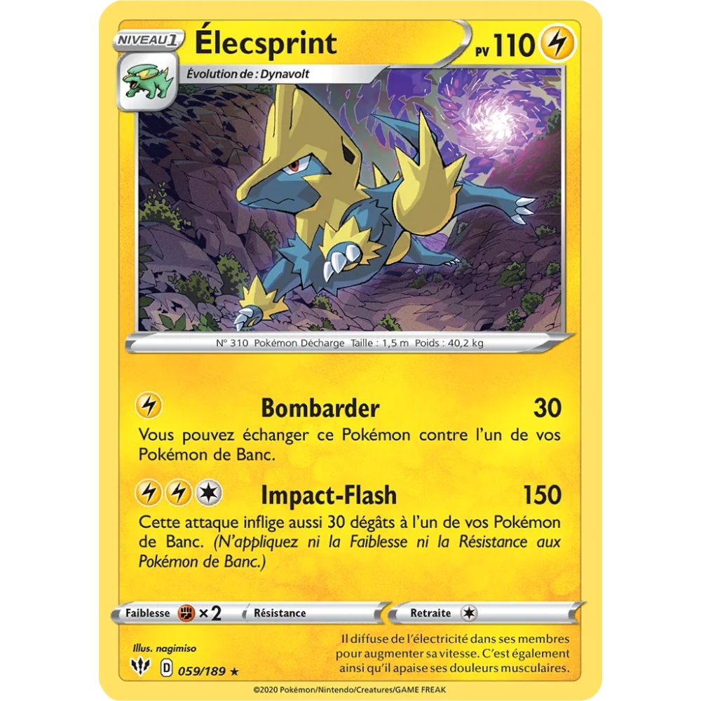 Carte Élecsprint - Rare (Brillante) de Pokémon Épée et Bouclier Ténèbres Embrasées 059/189