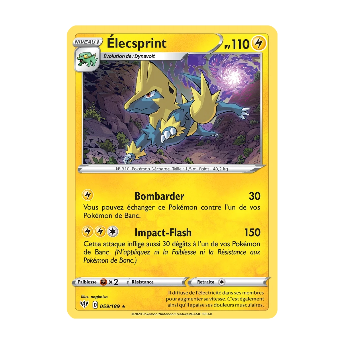 Carte Élecsprint - Rare (Brillante) de Pokémon Épée et Bouclier Ténèbres Embrasées 059/189