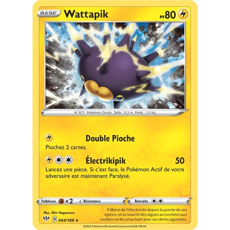 Carte Wattapik - Holographique rare de Pokémon Épée et Bouclier Ténèbres Embrasées 064/189