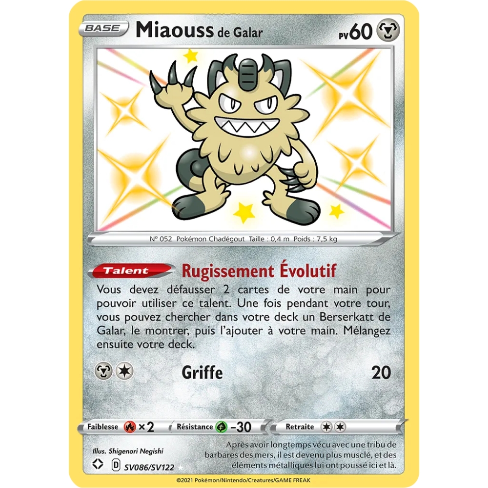 Miaouss de Galar SV086/SV122 : Joyau Chromatique rare de l'extension Pokémon Destinées Radieuses