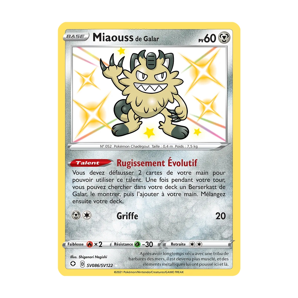 Miaouss de Galar SV086/SV122 : Joyau Chromatique rare de l'extension Pokémon Destinées Radieuses