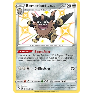 Carte Berserkatt de Galar - Chromatique rare de Pokémon Destinées Radieuses SV087/SV122